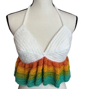 Handcrafted Ruffle Halter Crop Top White Velvet and Cotton Handmade Crochet Knit